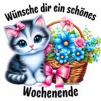 Eine süße Katze mit einer Schleife sitzt neben einem bunten Blumenkorb. Das Bild verbreitet fröhliche Wochenendstimmung.
