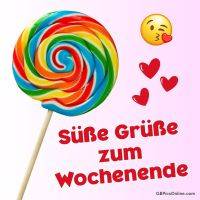 Bunter Lutscher auf rosa Hintergrund mit Kuss-Smiley und roten Herzen, dazu Gruß zum Wochenende