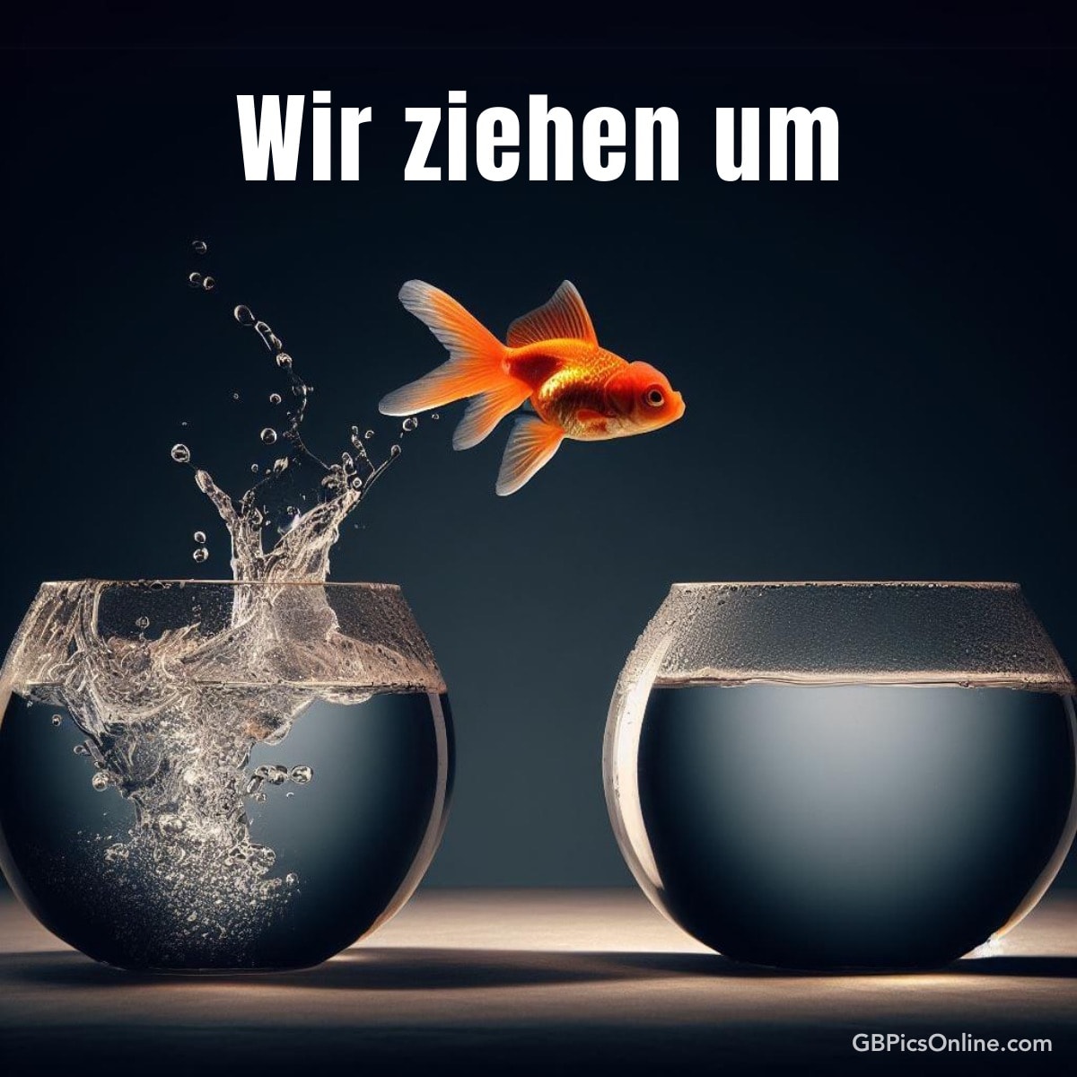 Ein Goldfisch springt von einem Glas voller Wasser zu einem anderen, mit dem Text „Wir ziehen um“ oben