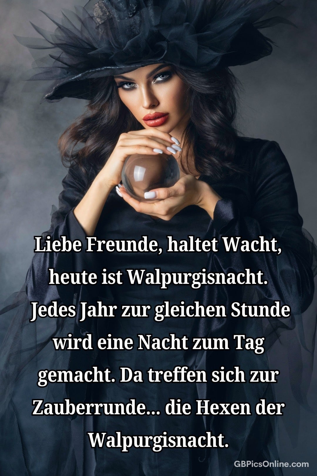 Eine Frau in einem dunklen Hut hält eine Kristallkugel