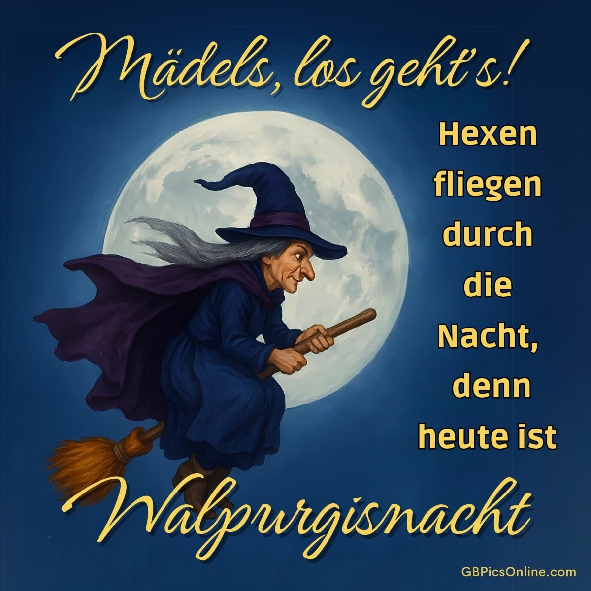 Eine Hexe fliegt auf einem Besen vor dem Vollmond