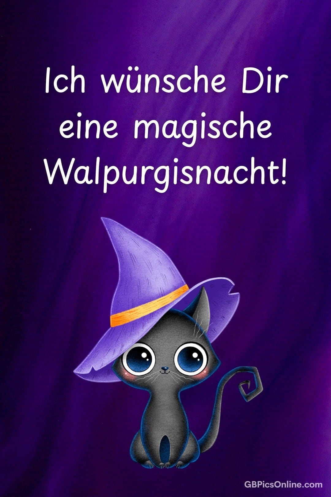 Süße schwarze Katze mit Hexenhut sitzt vor lila Hintergrund, darüber steht: „Ich wünsche Dir eine magische Walpurgisnacht!“