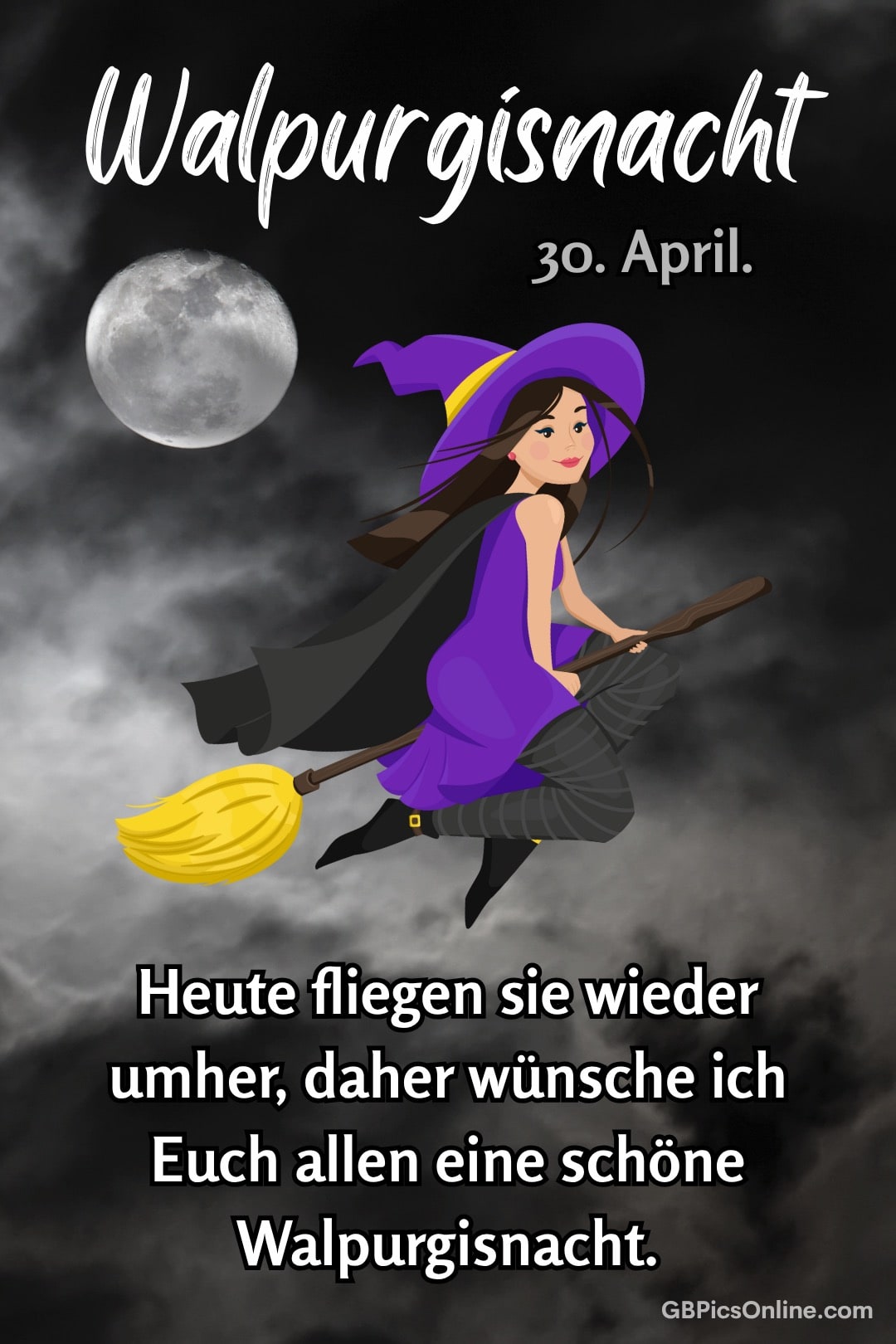 Hexe auf einem Besen fliegt durch wolkenbedeckten Nachthimmel, Mond oben.
