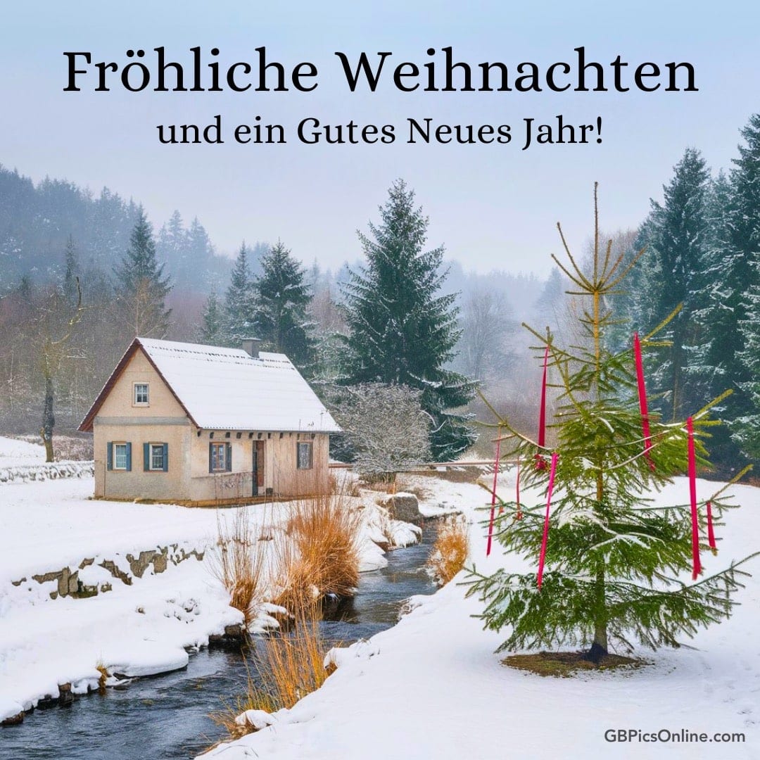 Winterliche Landschaft mit Haus und dekorierter Tanne am Fluss