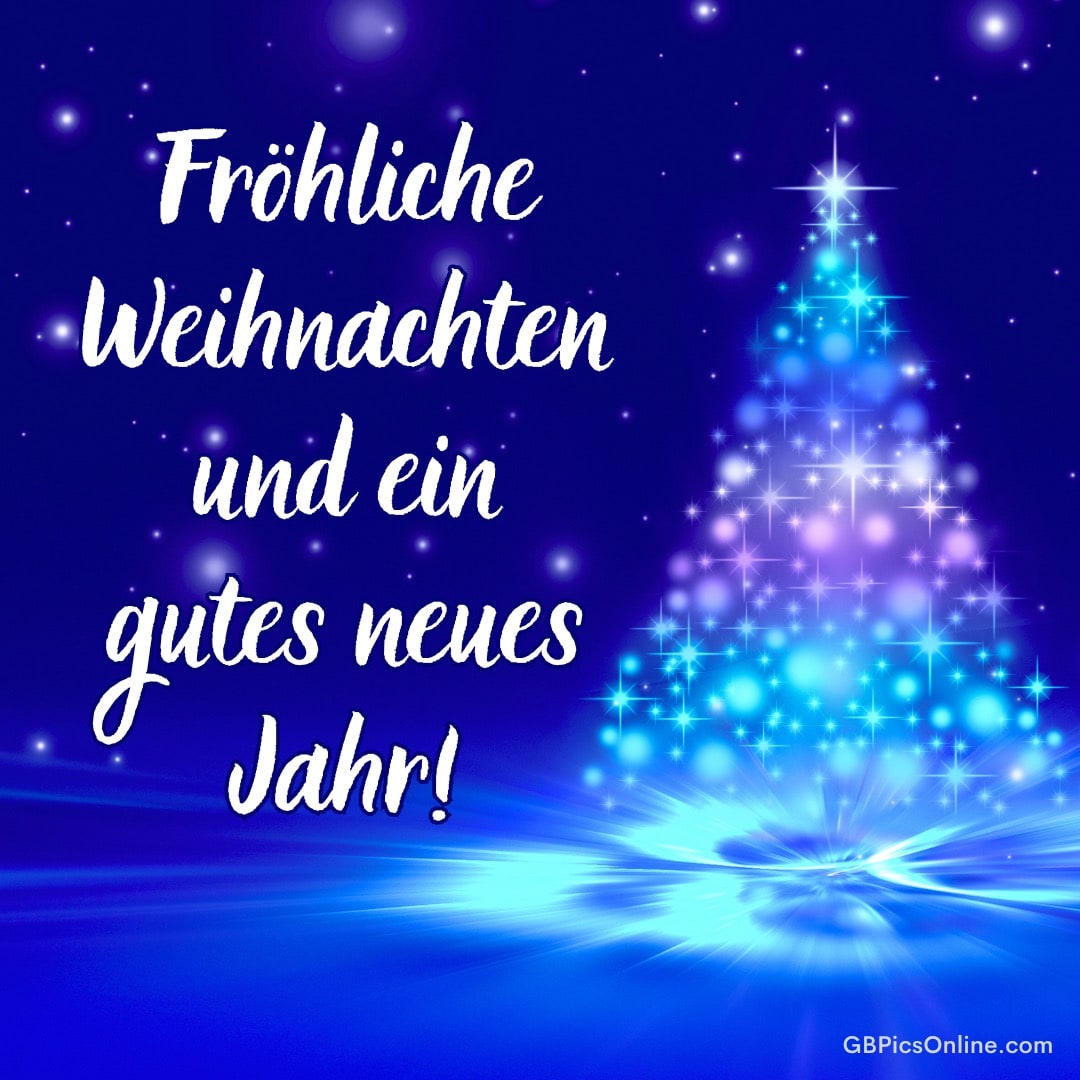 Funkelnder Weihnachtsbaum auf blauem Hintergrund mit Neujahrswünschen