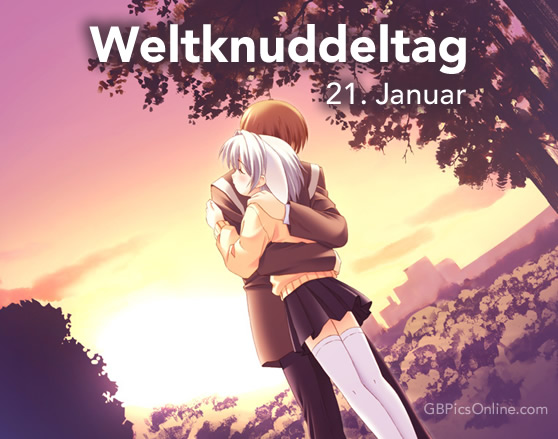 Zwei Animefiguren umarmen sich, „Weltknuddeltag 21. Januar“ steht oben