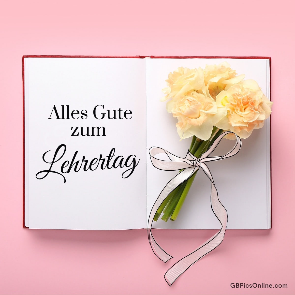 Aufgeschlagenes Buch mit der Aufschrift „Alles Gute zum Lehrertag“ und gelben Blumen