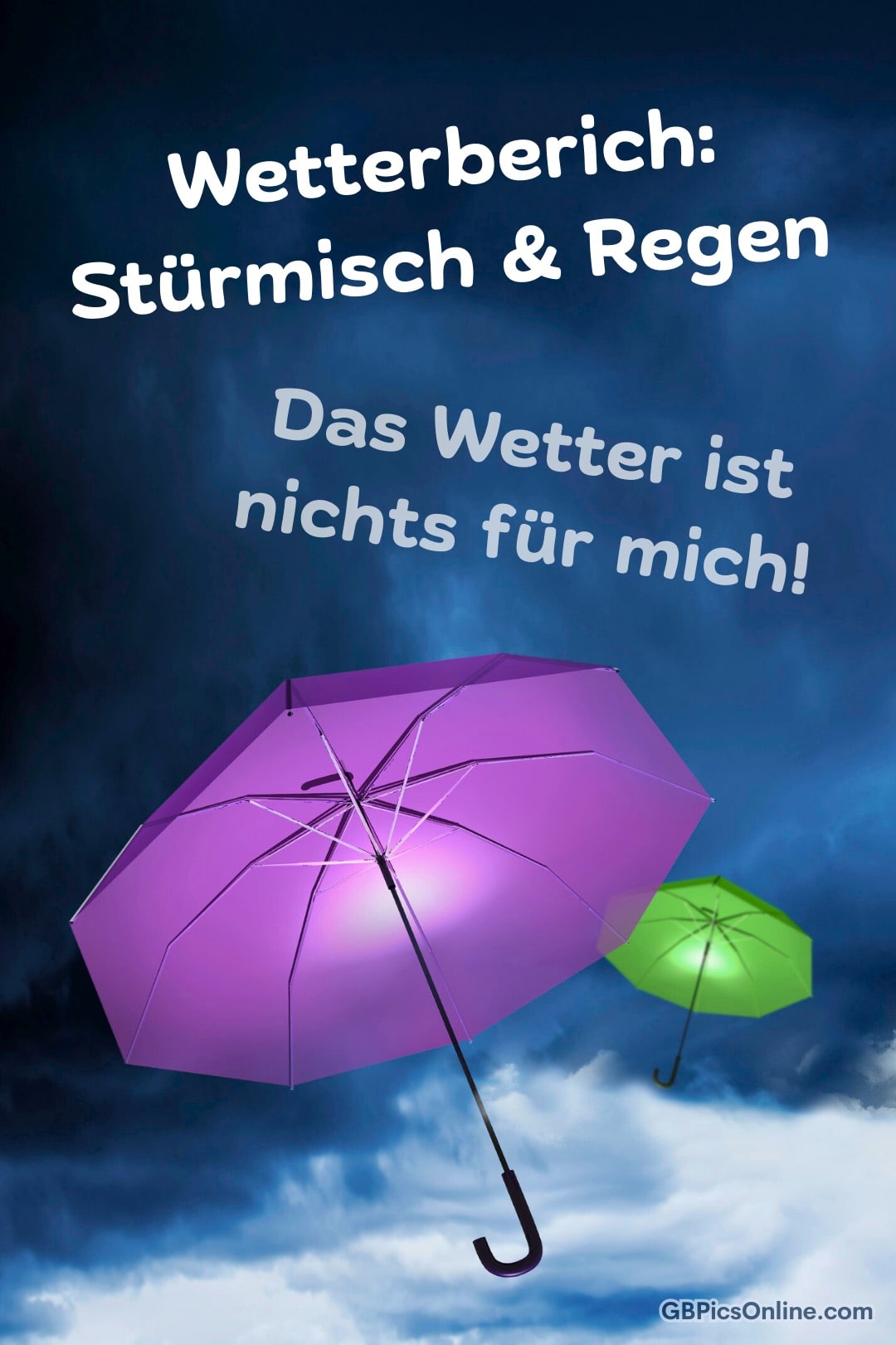 Eine Grafik mit lila und grünem Schirm vor einem stürmischen Himmel