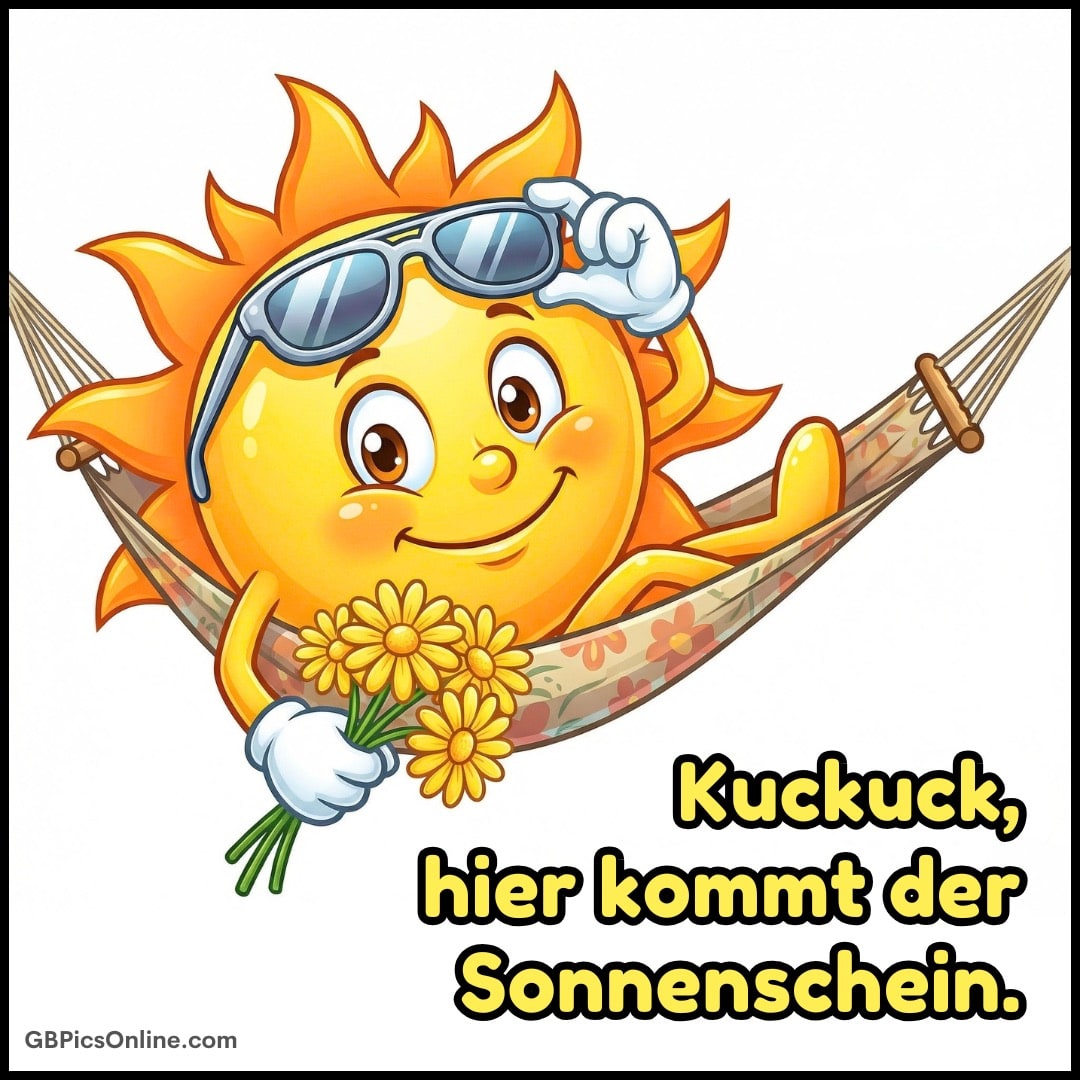 Fröhliche Sonne mit Sonnenbrille in einer Hängematte, hält gelbe Blumen und lächelt